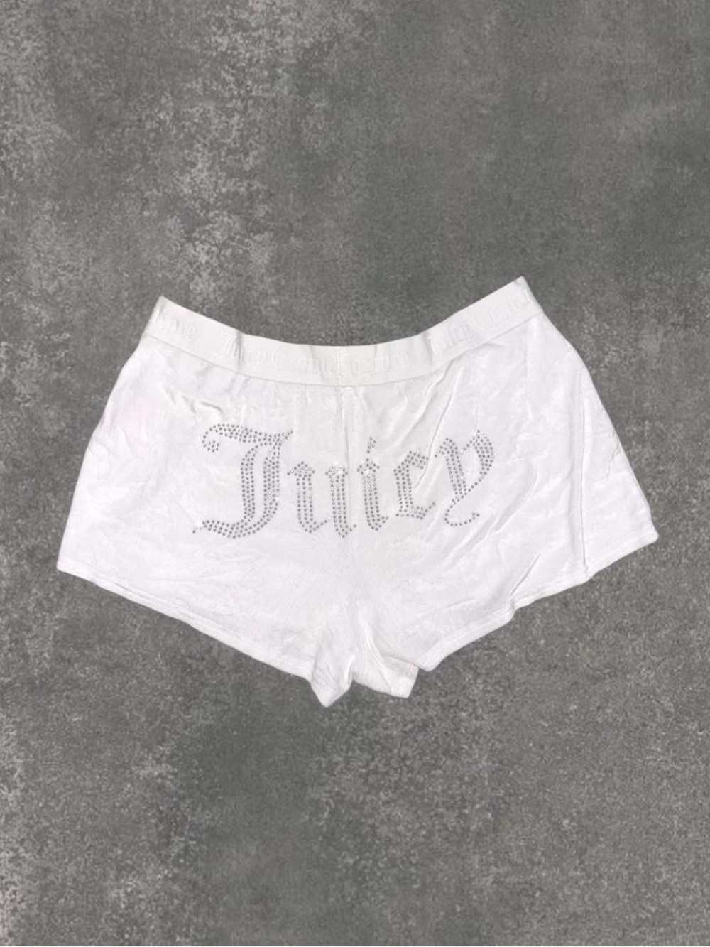 Juicy Couture White Rhinestone Logo Lounge Shorts in a Size Large